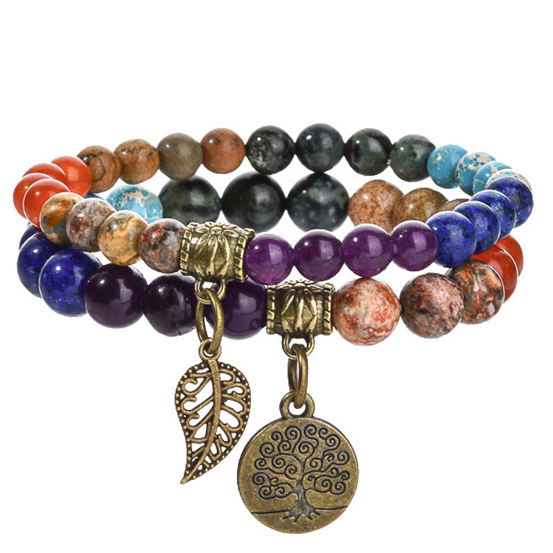 Tree of Life Leaf Pendant Bracelet Set – 6mm–8mm Beads, Multicolor Tiger Eye, Amethyst & Agate Healing Stone Bracelets