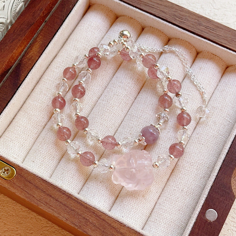Strawberry Quartz Double-Wrap Bracelet with Rose Quartz Nine-Tailed Fox – Fresh, Cute & Original Crystal Jewelry
