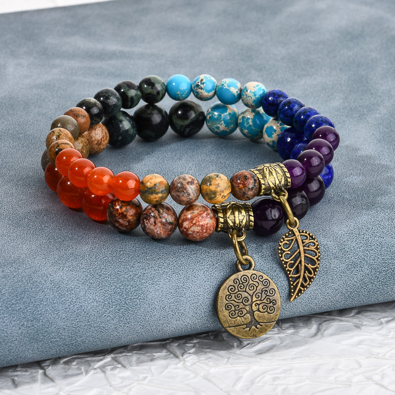 Tree of Life Leaf Pendant Bracelet Set – 6mm–8mm Beads, Multicolor Tiger Eye, Amethyst & Agate Healing Stone Bracelets