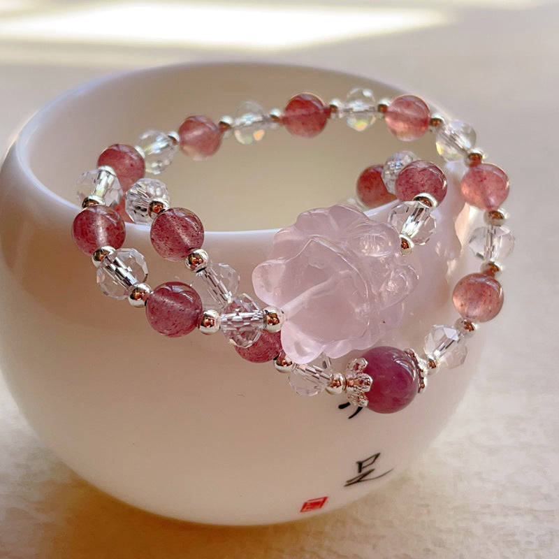 Strawberry Quartz Double-Wrap Bracelet with Rose Quartz Nine-Tailed Fox – Fresh, Cute & Original Crystal Jewelry