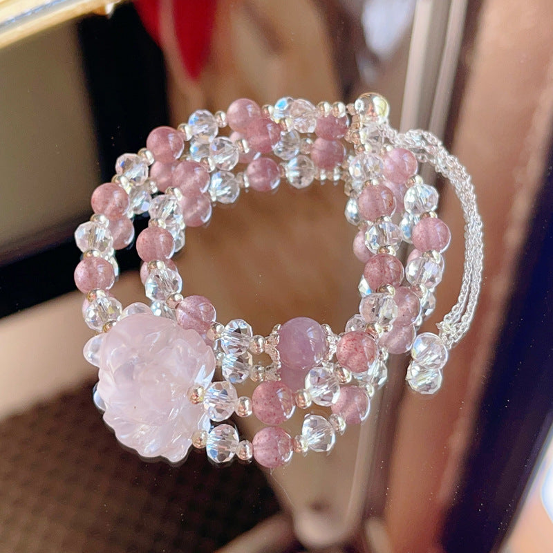 Strawberry Quartz Double-Wrap Bracelet with Rose Quartz Nine-Tailed Fox – Fresh, Cute & Original Crystal Jewelry