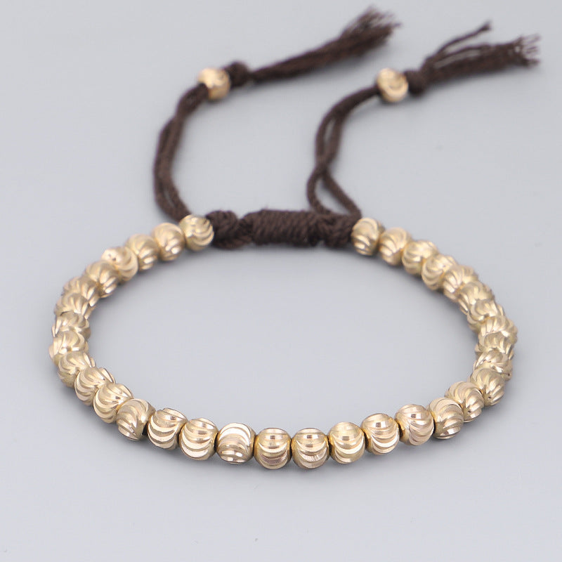 Handwoven Brass Barrel Bead Bracelet — Rotating Charm, Creative Rope Jewelry for Mindful Living