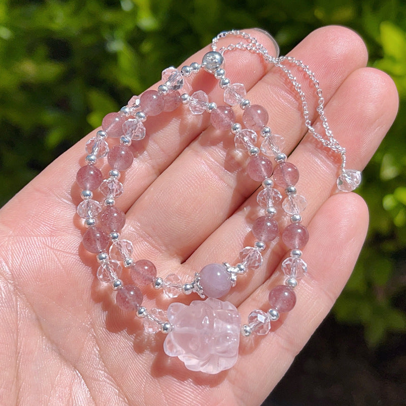 Strawberry Quartz Double-Wrap Bracelet with Rose Quartz Nine-Tailed Fox – Fresh, Cute & Original Crystal Jewelry