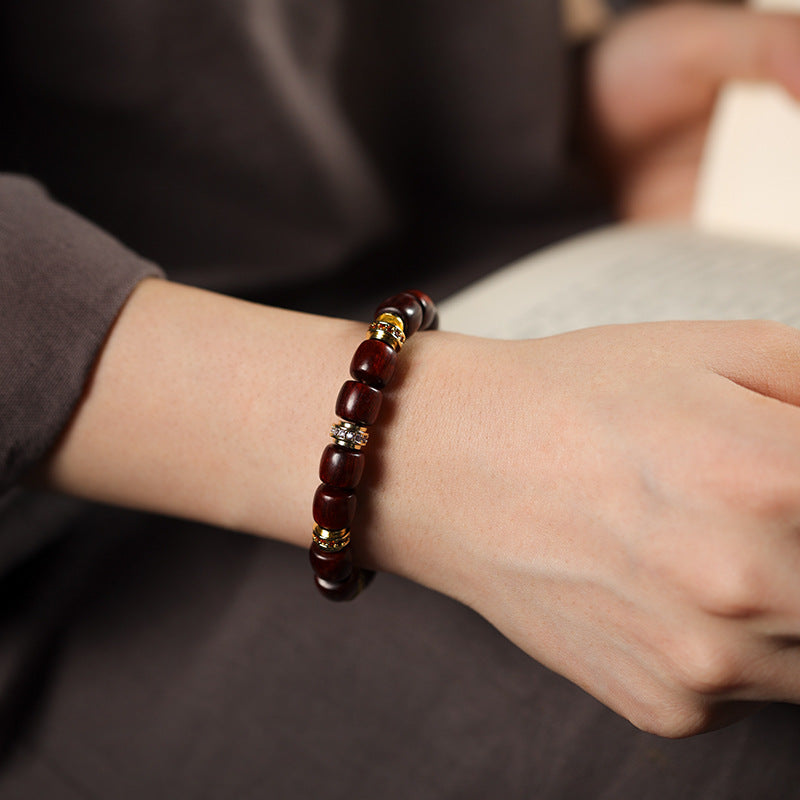 Sandalwood Barrel-Bead Bracelet with Micro-Pave Colorful Zircon — Vintage-Inspired Unisex Wooden Jewelry