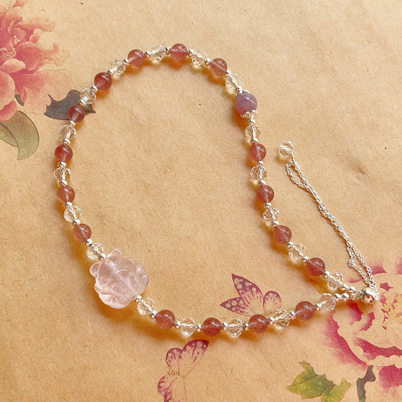 Strawberry Quartz Double-Wrap Bracelet with Rose Quartz Nine-Tailed Fox – Fresh, Cute & Original Crystal Jewelry