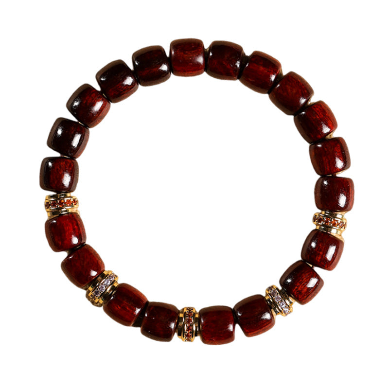 Sandalwood Barrel-Bead Bracelet with Micro-Pave Colorful Zircon — Vintage-Inspired Unisex Wooden Jewelry