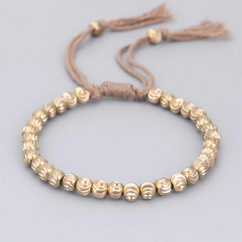 Handwoven Brass Barrel Bead Bracelet — Rotating Charm, Creative Rope Jewelry for Mindful Living