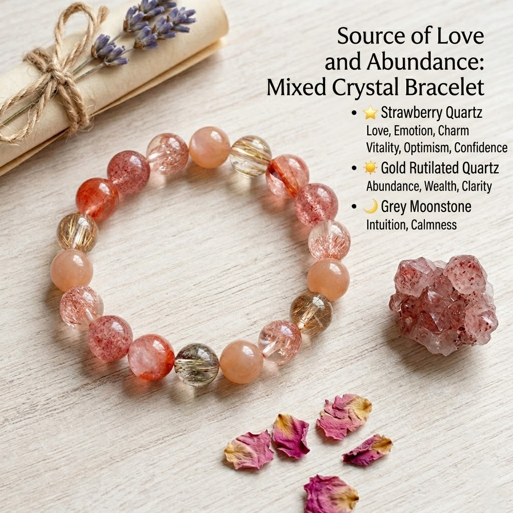 Strawberry Quartz & Rutilated Quartz Bracelet – Natural Crystal Beaded Bracelet for Love, Energy & Feminine Healing Gift aurimala