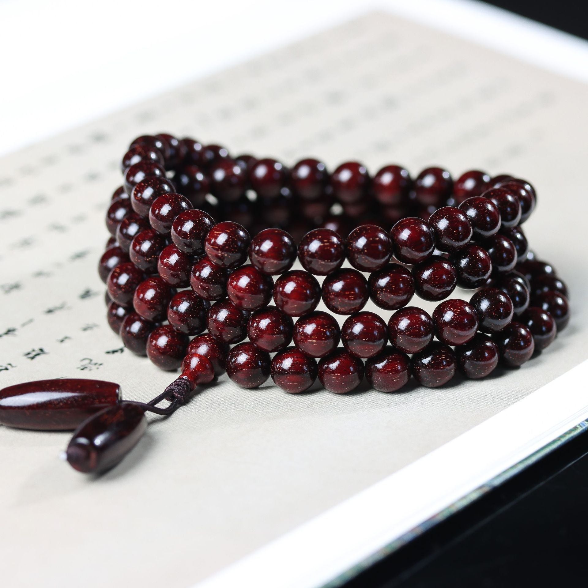 108-Bead Natural Sandalwood Bracelet – High Oil Density Red Sandalwood with Golden Star Grain - aurimala3