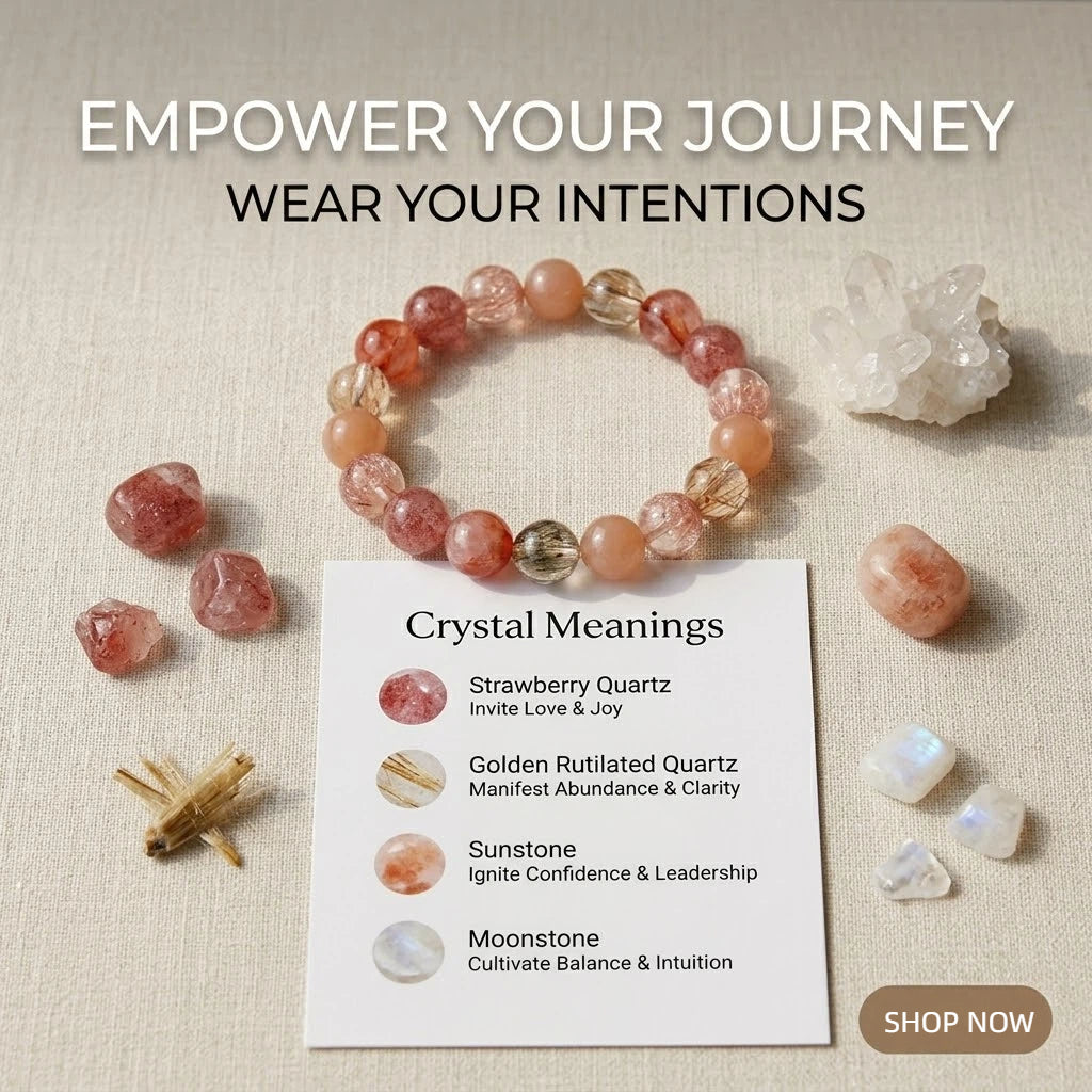 Strawberry Quartz & Rutilated Quartz Bracelet – Natural Crystal Beaded Bracelet for Love, Energy & Feminine Healing Gift aurimala