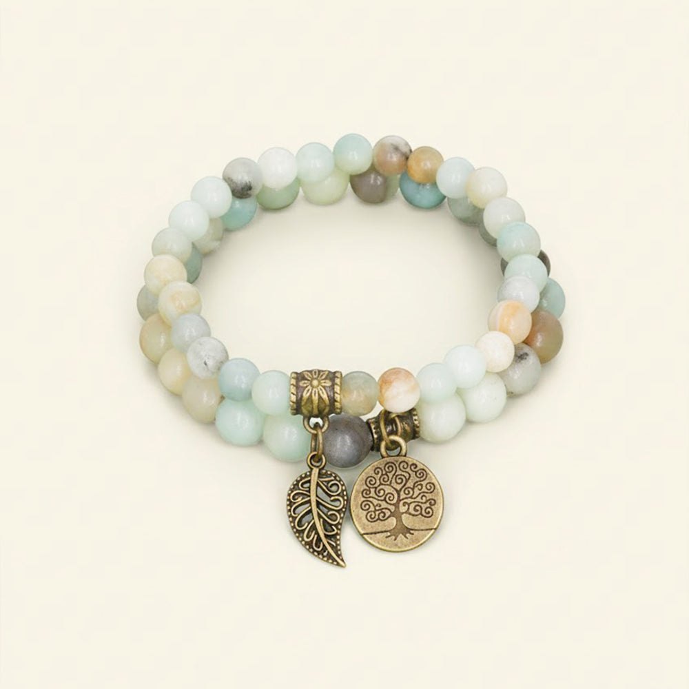 Tree of Life Leaf Pendant Bracelet Set – 6mm–8mm Beads, Multicolor Tiger Eye, Amethyst & Agate Healing Stone Bracelets