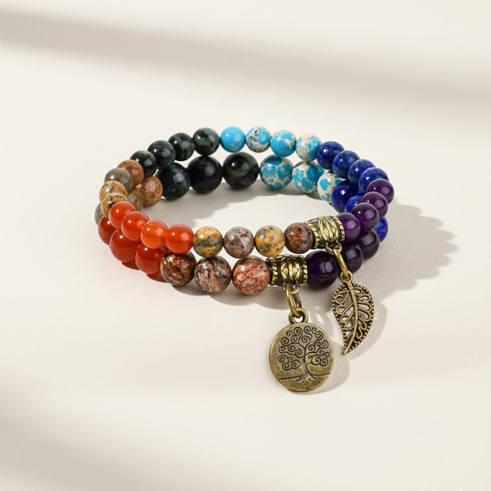 Tree of Life Leaf Pendant Bracelet Set – 6mm–8mm Beads, Multicolor Tiger Eye, Amethyst & Agate Healing Stone Bracelets