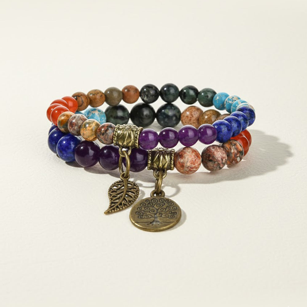 Tree of Life Leaf Pendant Bracelet Set – 6mm–8mm Beads, Multicolor Tiger Eye, Amethyst & Agate Healing Stone Bracelets