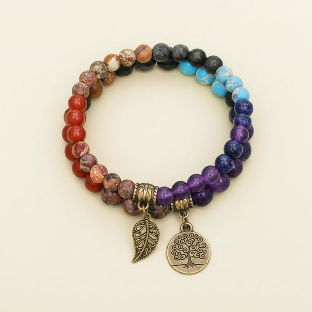 Tree of Life Leaf Pendant Bracelet Set – 6mm–8mm Beads, Multicolor Tiger Eye, Amethyst & Agate Healing Stone Bracelets