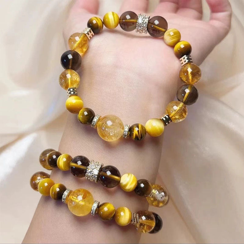 Golden Energy Wealth Bracelet – Natural Citrine, Golden Tiger Eye & Rutilated Quartz Beads for Men & Women - aurimala2