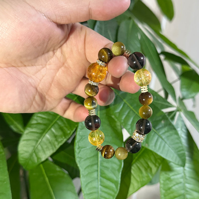 Golden Energy Wealth Bracelet – Natural Citrine, Golden Tiger Eye & Rutilated Quartz Beads for Men & Women - aurimala5