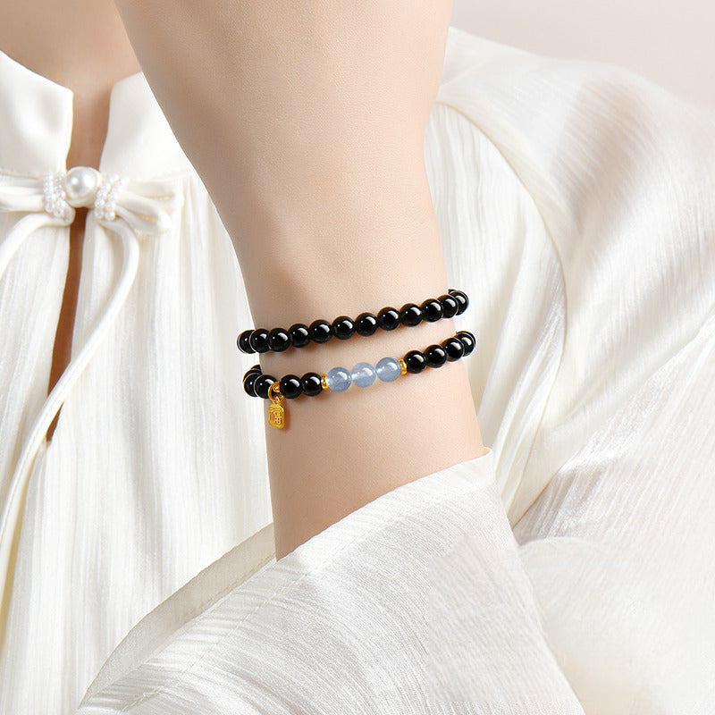 Black Obsidian Protection Bracelet with Blue Chalcedony – Natural Energy Crystal Beaded Bracelet aurimala
