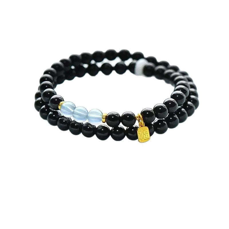 Black Obsidian Protection Bracelet with Blue Chalcedony – Natural Energy Crystal Beaded Bracelet aurimala White background