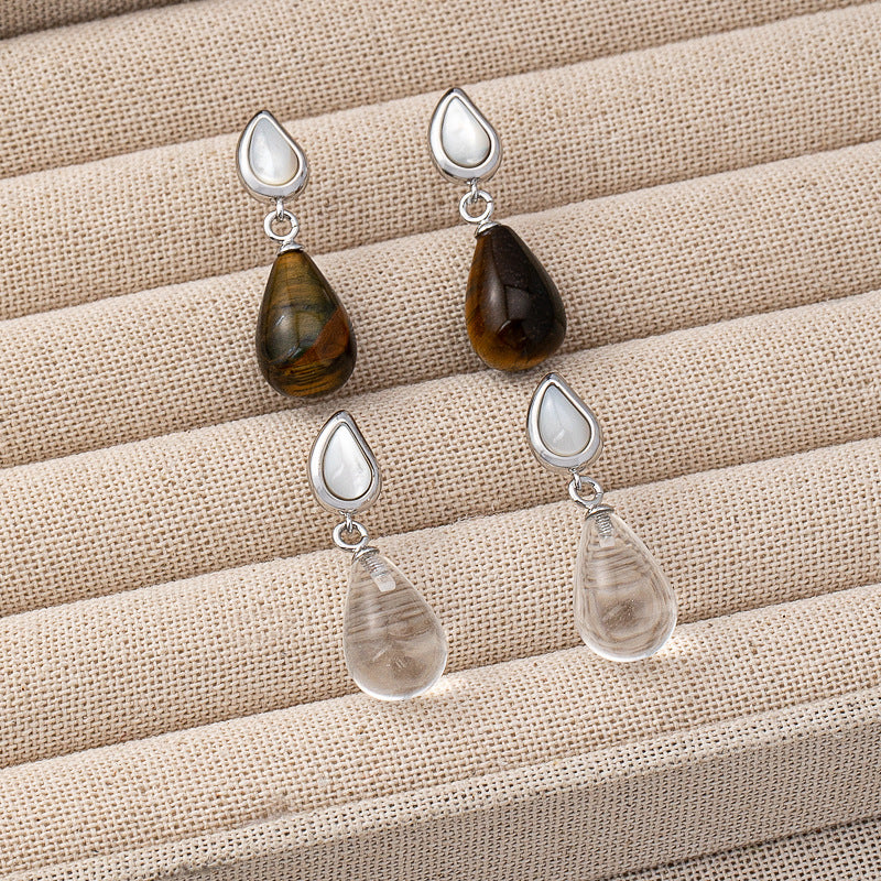 aurimala-minimalist-clear-quartz-mother-of-pearl-teardrop-earrings White background