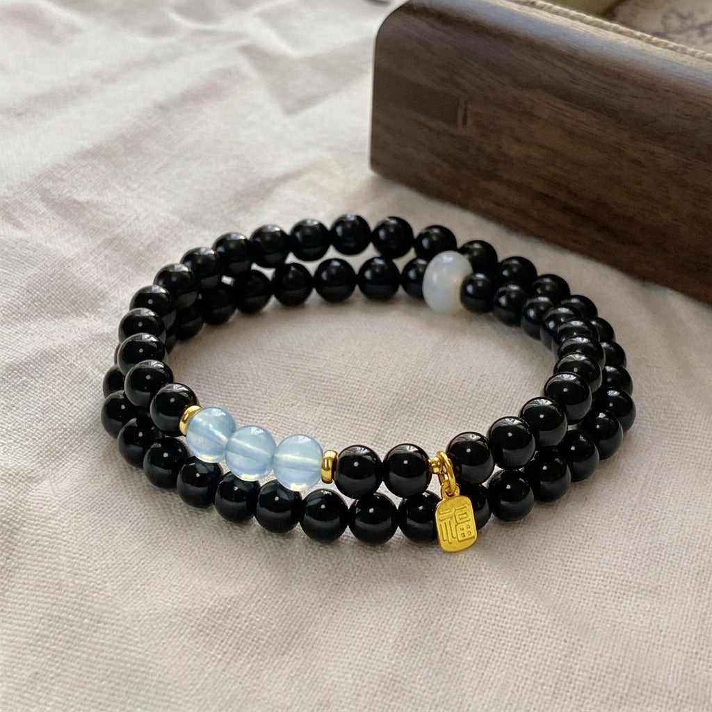 Black Obsidian Protection Bracelet with energy beads and gold charm, spiritual healing crystal bracelet for protection and grounding