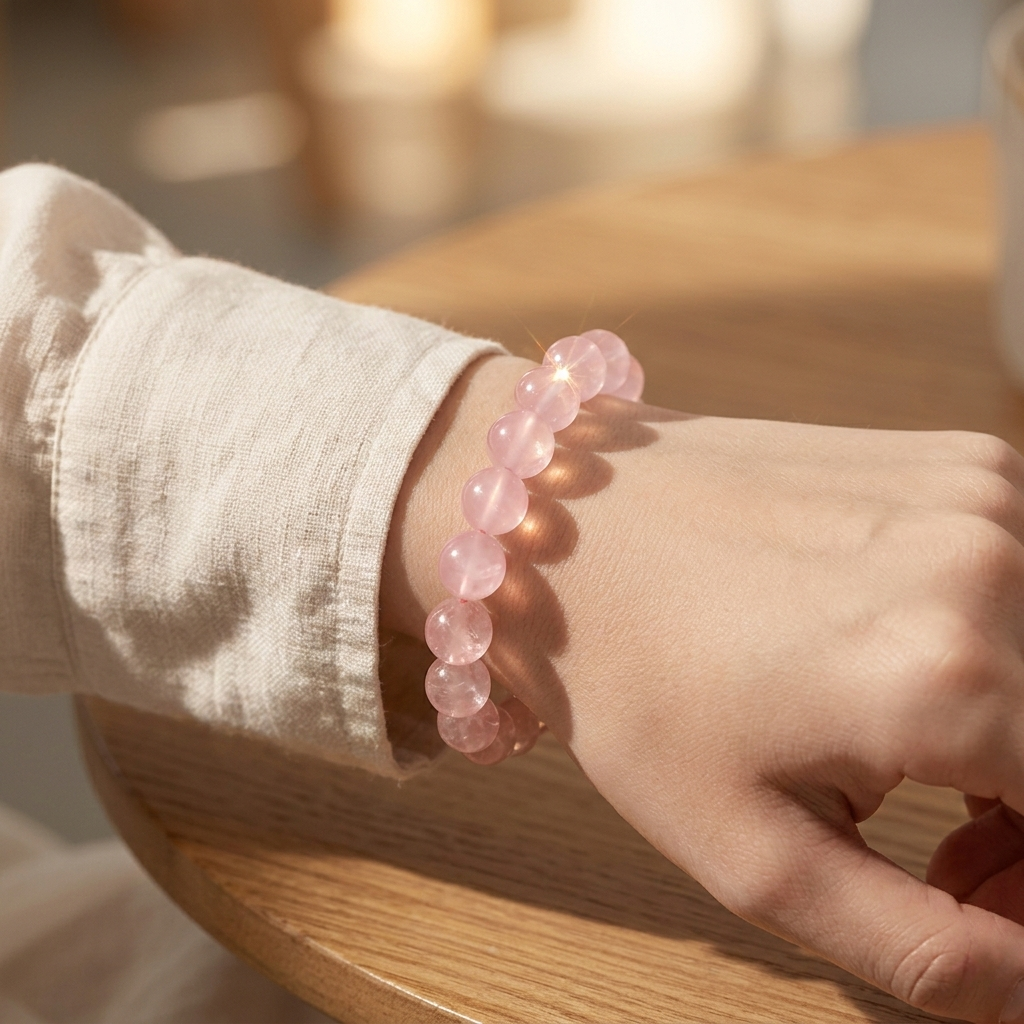 natural-star-rose-quartz-bracelet-wrist-love-crystal on wrist